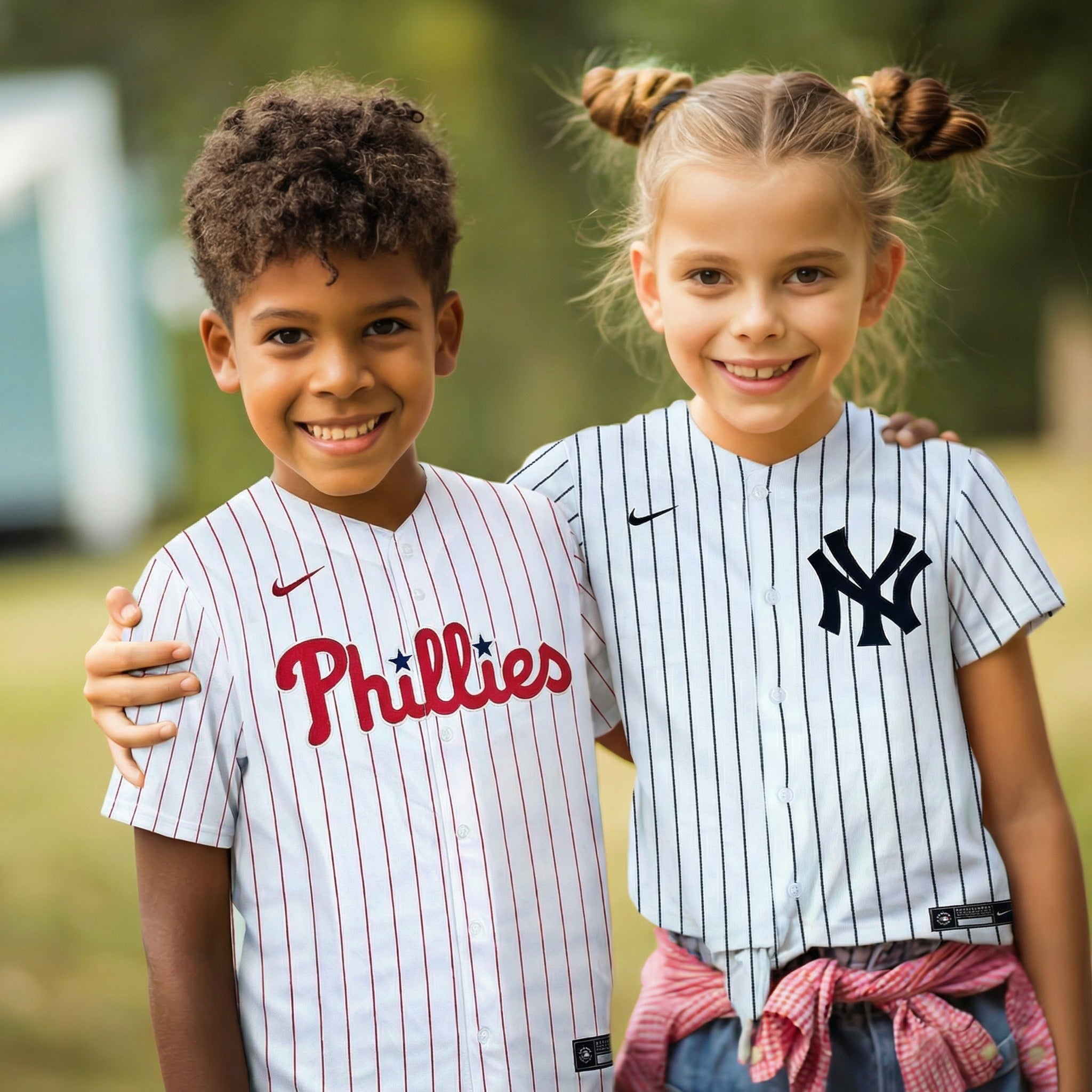 Two children wearing baseball jerseys with 'Phillies' and 'New York Yankees' logos.