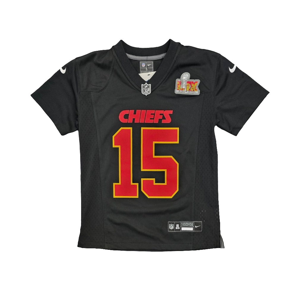 Kansas City Chiefs Nike Youth Patrick Mahomes Super Bowl LIX Patch Fashion Game Jersey - Carbon Black