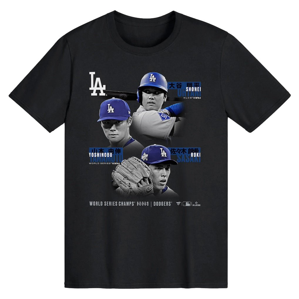 Shohei Ohtani, Yoshinobu Yamamoto & Roki Sasaki Los Angeles Dodgers Black 2025 World Series Champions Historic Performances T-Shirt