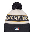 Los Angeles Dodgers Cream and Charcoal 2025 World Series Champions Locker Room New Era Cuffed Knit Hat with Pom